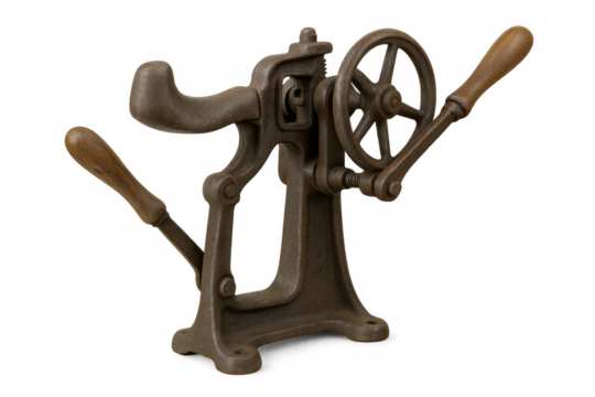 Vintage cast iron hand crank machine with wood handles, industrial antique mechanism, transparent background