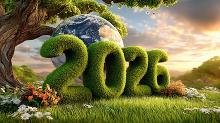 Lush green 2026 numbers made of grass on a flower meadow with Earth rising behind them under warm sunset sky, nature-inspired eco scene. Concept of environmental sustainability