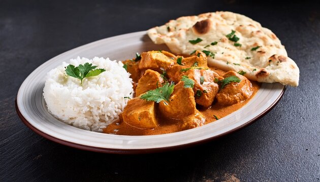 delicious chicken curry with rice and naan bread