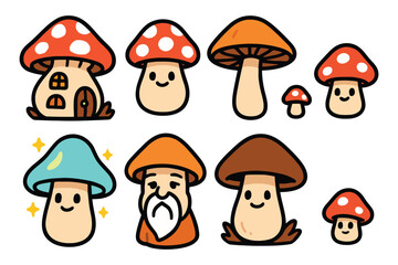 A delightful assortment of hand-drawn cartoon mushrooms, each with a unique personality and playful expression, perfect for fantasy themes.
