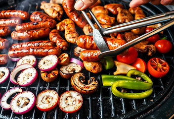 hand grilling sausages and vegetables on outdoor barbecue