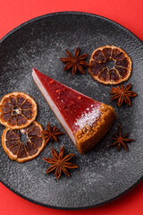 Strawberry cheesecake, a slice of sweet pie, a classic cheesecake dessert. Strawberry cheesecake