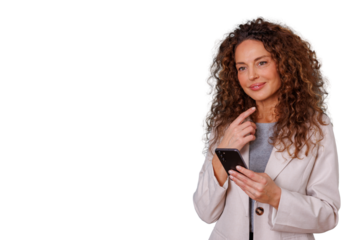 Businesswoman standing, thinking while holding phone, working, looking away with copy space, having an idea