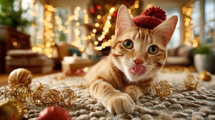 Playful orange tabby cat in tiny red knit hat licking its nose on a cozy rug surrounded by golden holiday ornaments with warm bokeh lights, festive Christmas pets concept