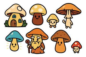 A delightful assortment of hand-drawn cartoon mushrooms, each with unique facial expressions and charming personalities, presented in a playful illustration.