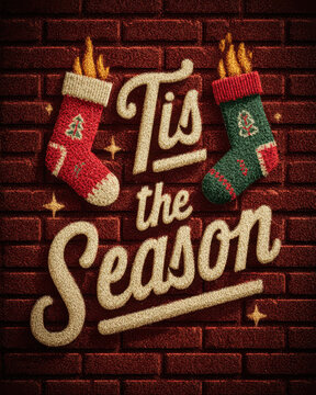 Christmas Tis the Season Text with Fireplace and Hanging Stockings