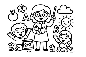 Playful Teacher Coloring Page. A cute teacher in a playful scene with friendly details, black and white line art, children&rsquo;s