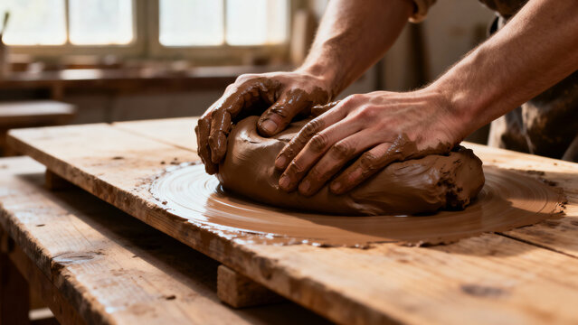 Artisan potter hands shaping clay on wheel in natural light heritage pottery workshop - Powered by Adobe