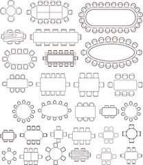Massive top-view vector set of formal dining and conference table arrangements with symmetrical seating layouts for floor plans.