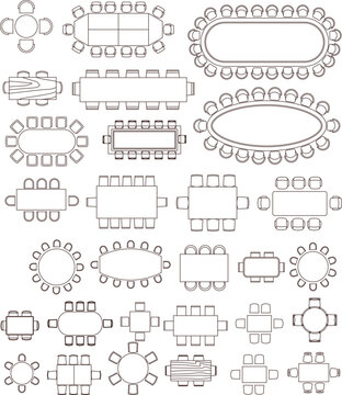 Massive top-view vector set of formal dining and conference table arrangements with symmetrical seating layouts for floor plans.