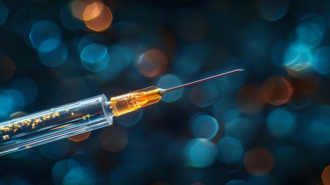 Medical syringe with golden liquid medication against blurred blue and orange bokeh background for healthcare and vaccination concepts.