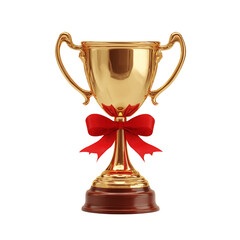 A gold cup trophy with red ribbons stands as an award, isolated on white and transparent png background for versatile use.