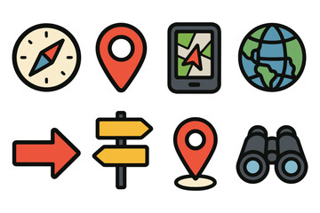 A set of colorful cartoon icons representing travel and navigation tools such as a compass map pin globe binoculars and directional signs.