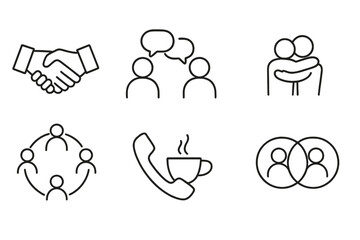 Social Interaction Icons. Line style icons of Social Interaction: Handshake, Conversation, Group, Hug, People Circle, Phone,