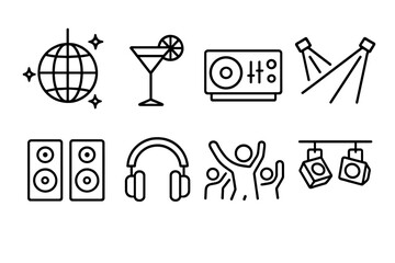 Club Party Icons. Line style icons of Club Party: Disco Ball, Cocktail Glass, DJ Booth, Laser Lights, Speakers, Headphones,