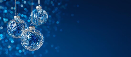 Elegant crystal Christmas ornaments hanging against deep blue bokeh background, creating festive holiday atmosphere for seasonal designs.