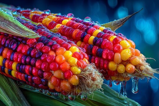 Bright, multicolored corn kernels glisten with dew, highlighting nature diversity and beauty. The image captures vibrancy, harvest, and agricultural wonder. - Powered by Adobe