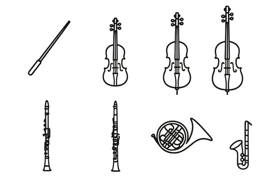 Orchestra Instrument Icons. Line style icons of Orchestra: Conductor Baton, Violin, Viola, Cello, Double Bass, Oboe, Clarinet,