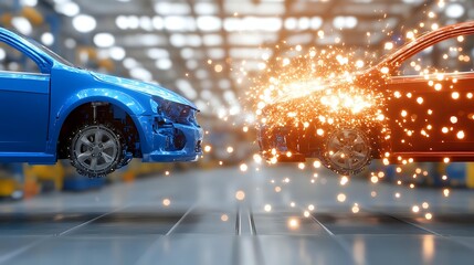 Blue and orange cars in auto repair garage with dramatic sparks flying between them, showcasing automotive collision or repair work in industrial setting.