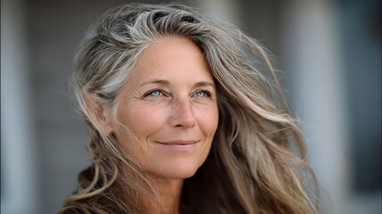 Confident mature woman with natural gray hair and warm smile against soft-focus background, representing aging gracefully and authentic beauty.