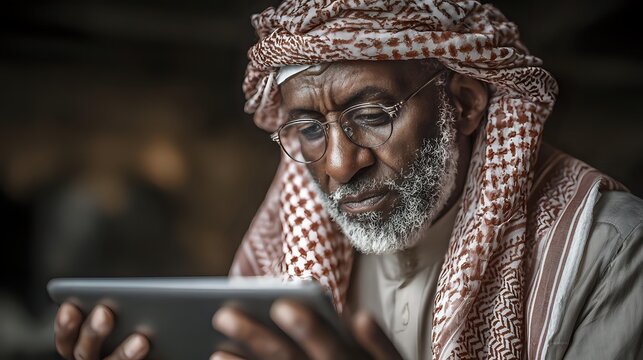 Elderly man with white beard wearing traditional Middle Eastern headscarf focused on digital tablet, representing modern technology adoption among senior generation.