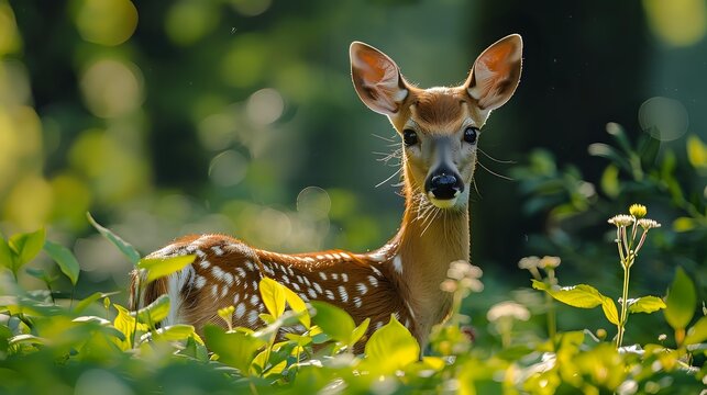 Young white-tailed deer fawn with spots standing alert in lush green forest undergrowth with wildflowers and sunlit bokeh background.