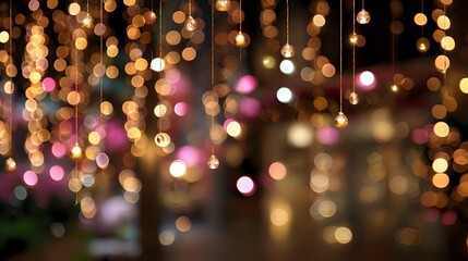 Festive golden and pink bokeh lights hanging from above creating magical holiday atmosphere for celebrations and special events.