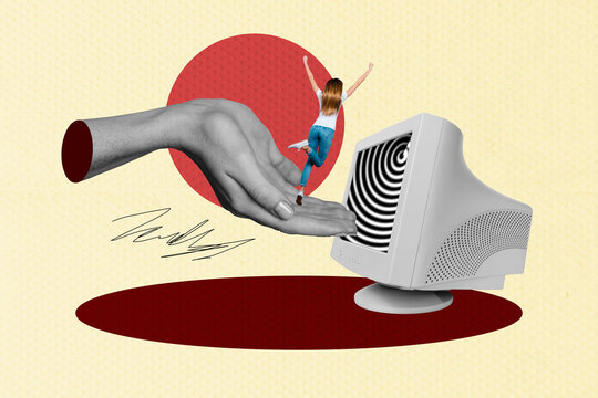 Collage portraying laptop computer smartphone addiction manipulation through digital lies hypnotic propaganda illusions