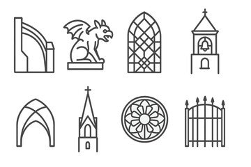 Obraz premium Cathedral Icon Elements. Line style icons of Cathedral Elements: Flying Buttress, Gargoyle, Stained Glass, Bell Tower, Vaulted