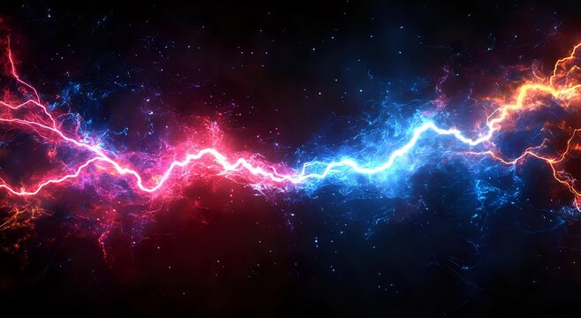 Cosmic energy collision with vibrant pink and blue lightning bolts against starry black space background, creating dramatic electrical storm effect.