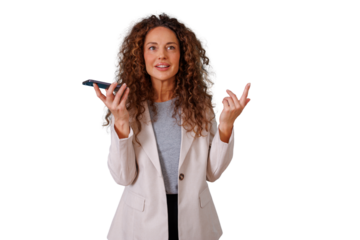 Businesswoman talking on speakerphone, actively gesturing while communicating during a mobile conversation