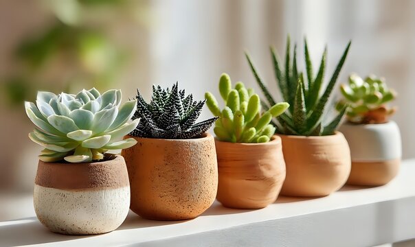 Collection of diverse succulent plants in stylish ceramic pots arranged in a row on windowsill, creating modern home decor accent.