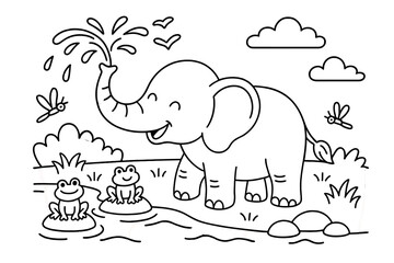 Elephant's Playful Splash. Happy elephant spraying water with its trunk near a river, frogs, and dragonflies, black and white line