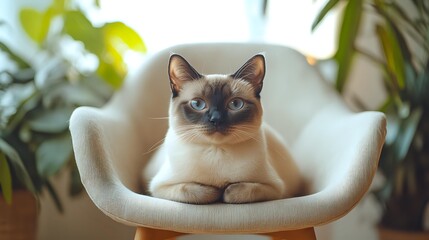 Siamese cat with blue eyes relaxing on modern beige chair surrounded by green houseplants in cozy home environment.