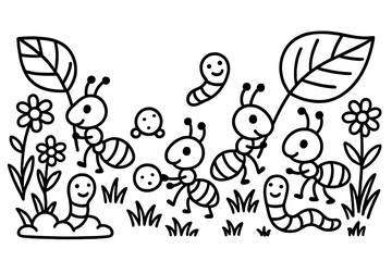 Obraz premium Ants' Merry March. Whimsical ant parade carrying leaves and crumbs with flowers, grass, and smiling worms nearby, black and white