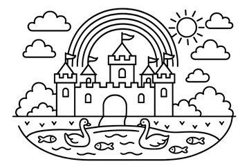 Castle and Moat Paradise. Cheerful castle surrounded by a moat with swans, fish, and a rainbow in the sky, black and white line