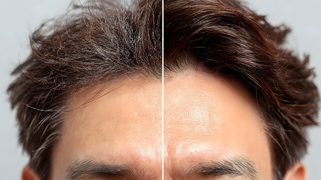 Close-up comparison of male hair before and after treatment showing improved texture and appearance against neutral gray background.