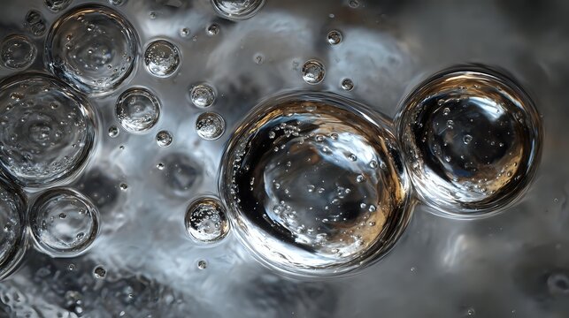 Shimmering air bubbles floating on water surface with metallic silver and gold reflections creating abstract macro photography. - Powered by Adobe