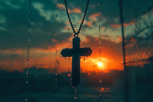 Silhouette of cross pendant necklace against dramatic sunset sky with orange and teal colors, creating spiritual atmosphere. - Powered by Adobe