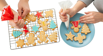 Overhead view of two pairs of hands meticulously decorating freshly baked gingerbread cookies in festive shapes like stars, trees, and men with colorful icing, set against a clean black background
