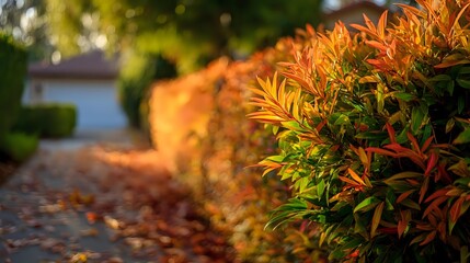 Vibrant orange and green shrubs line a residential pathway during autumn, with fallen leaves scattered on the ground and soft sunlight creating a warm glow.