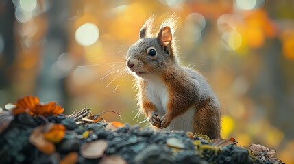 Obraz premium Curious red squirrel in autumn forest with golden bokeh background, alert and attentive amid fallen leaves and mushrooms.