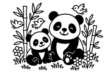 Obraz premium Pandas in Bamboo Paradise. Smiling panda with a cub sitting among bamboo, flowers, and playful birds, black and white line art,