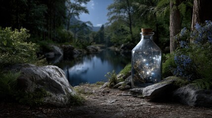 A magical bottle with sparkling stars inside, on the edge of an enchanted forest path next to a peaceful river at night. Lush greenery and blue flowers create a dreamy atmosphere.