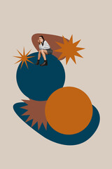 Colorful abstract collage of person interacting with vibrant shapes and dynamic graphic conversation bubbles concept