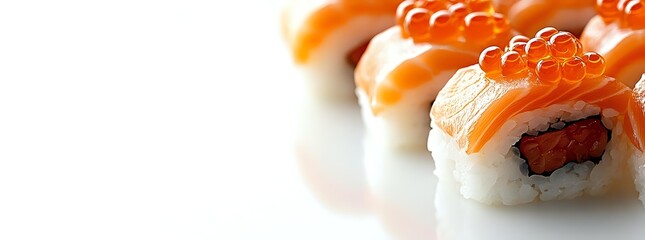 Delicious salmon and caviar sushi rolls arranged on white background, showcasing vibrant orange roe and fresh fish for restaurant menu or food blog.