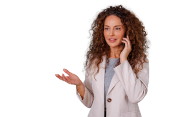 Professional businesswoman having phone call, gesturing with hand, communicating on a transparent background