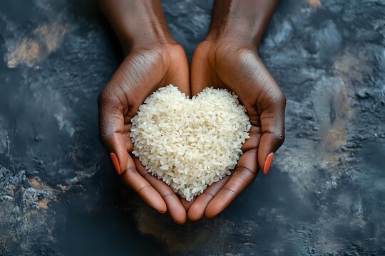 African hands holding heart-shaped pile of white rice grains against textured dark blue background, symbolizing food donation and global hunger relief.