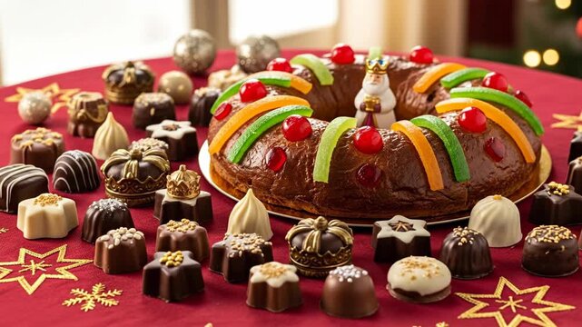 Traditional Epiphany Rosca de Reyes with Chocolates on Festive Red Tablecloth Celebrating Holiday Joy