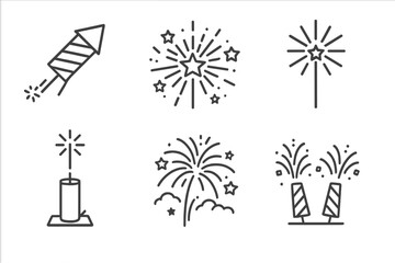 Fireworks Icon Set. Line style icons of Fireworks Display: Firework Rocket, Star Burst, Sparkler, Launch Tube, Night Sky,
